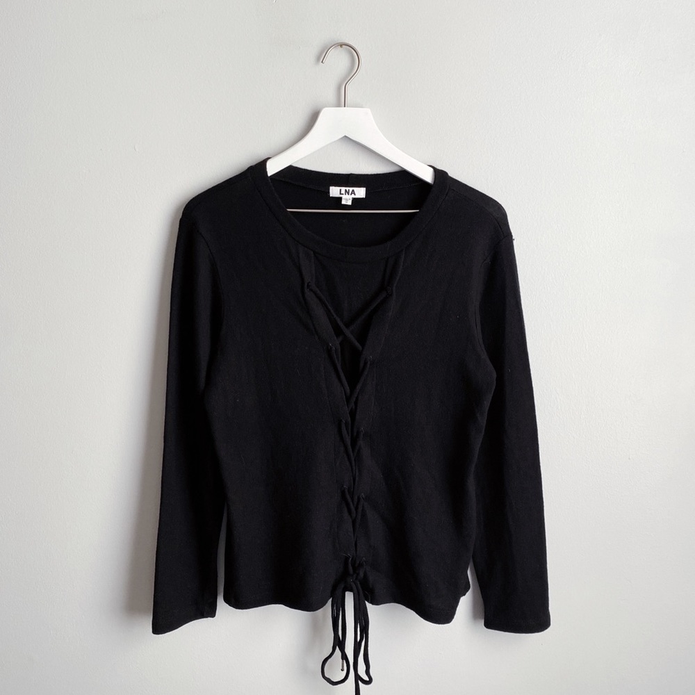 LNA Brushed Vok Lace Up Black Long Sleeve Knit Top